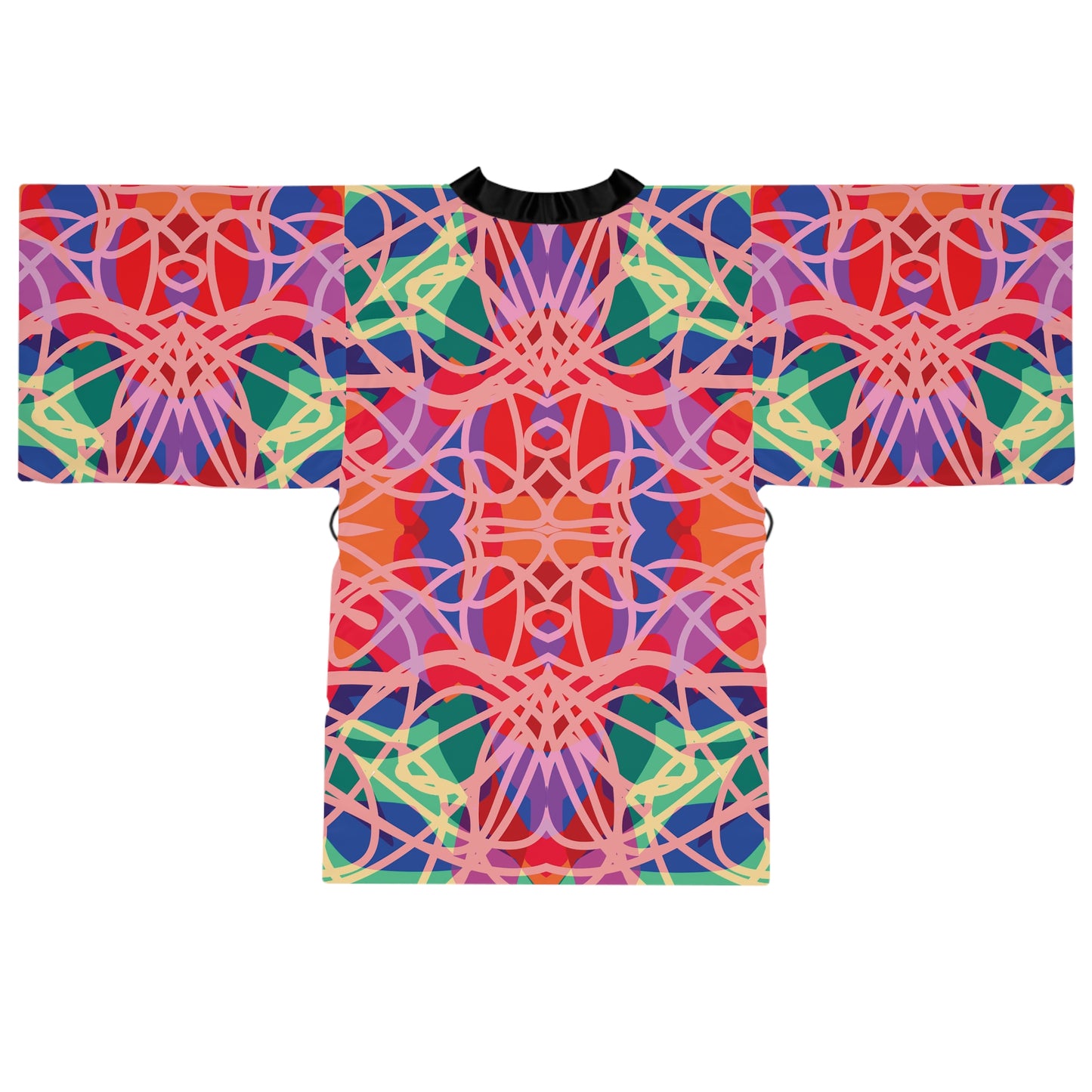 Back view of wearable art kimono without mode with  vivid abstract print.