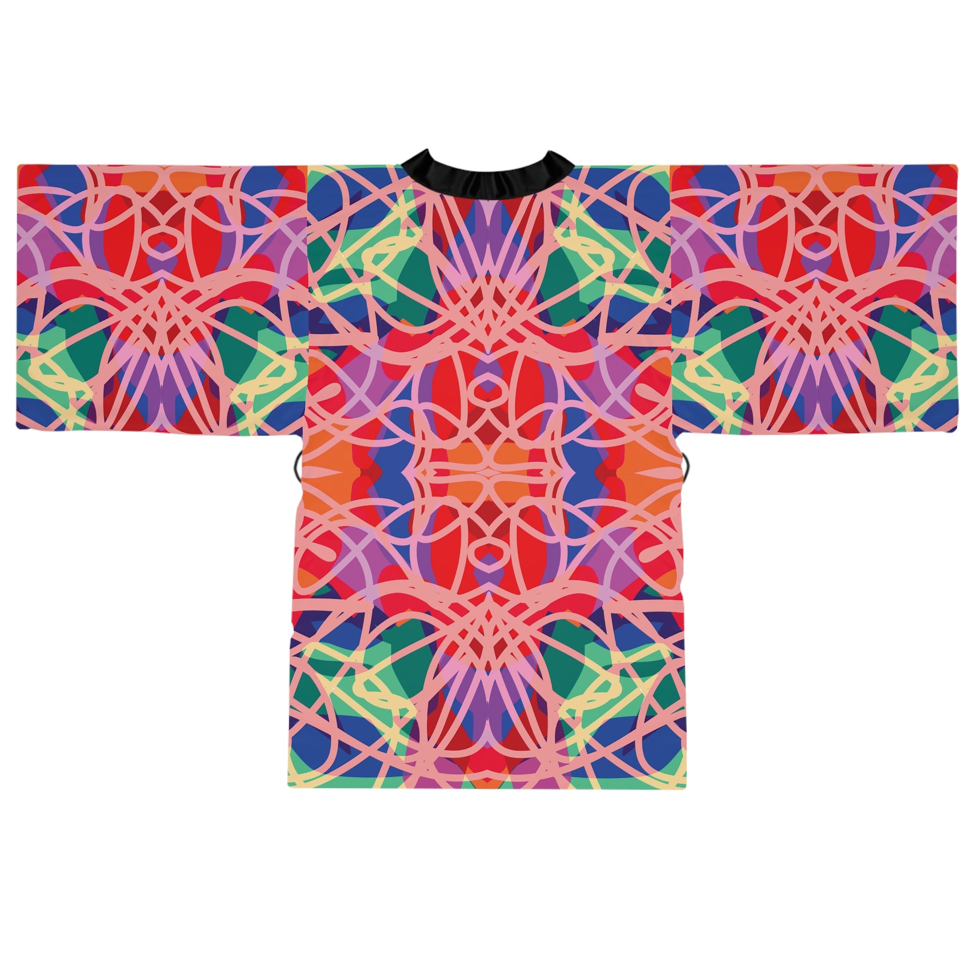 Back view of wearable art kimono without mode with  vivid abstract print.