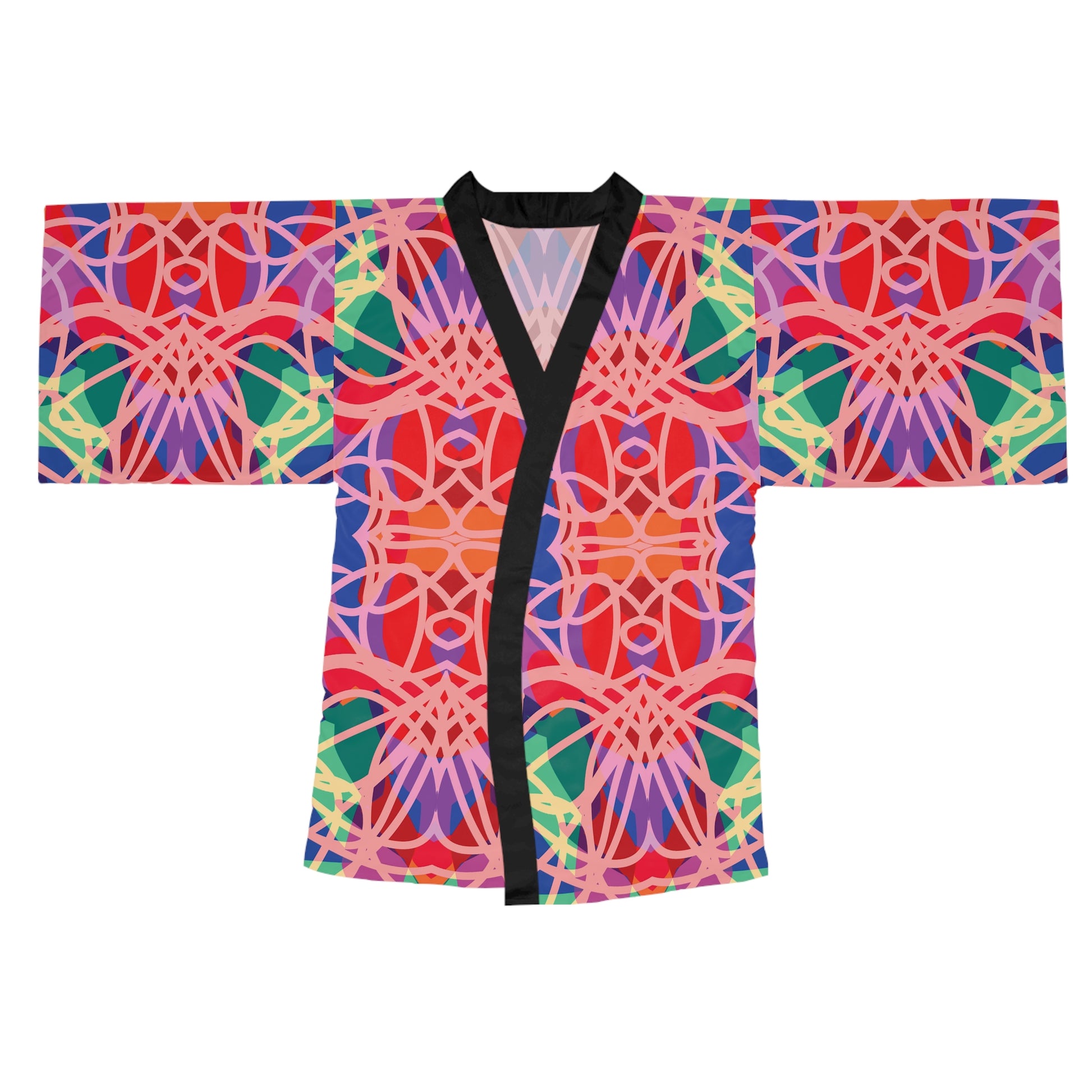 Front view of wearable art kimono without a model with vivid abstract print.