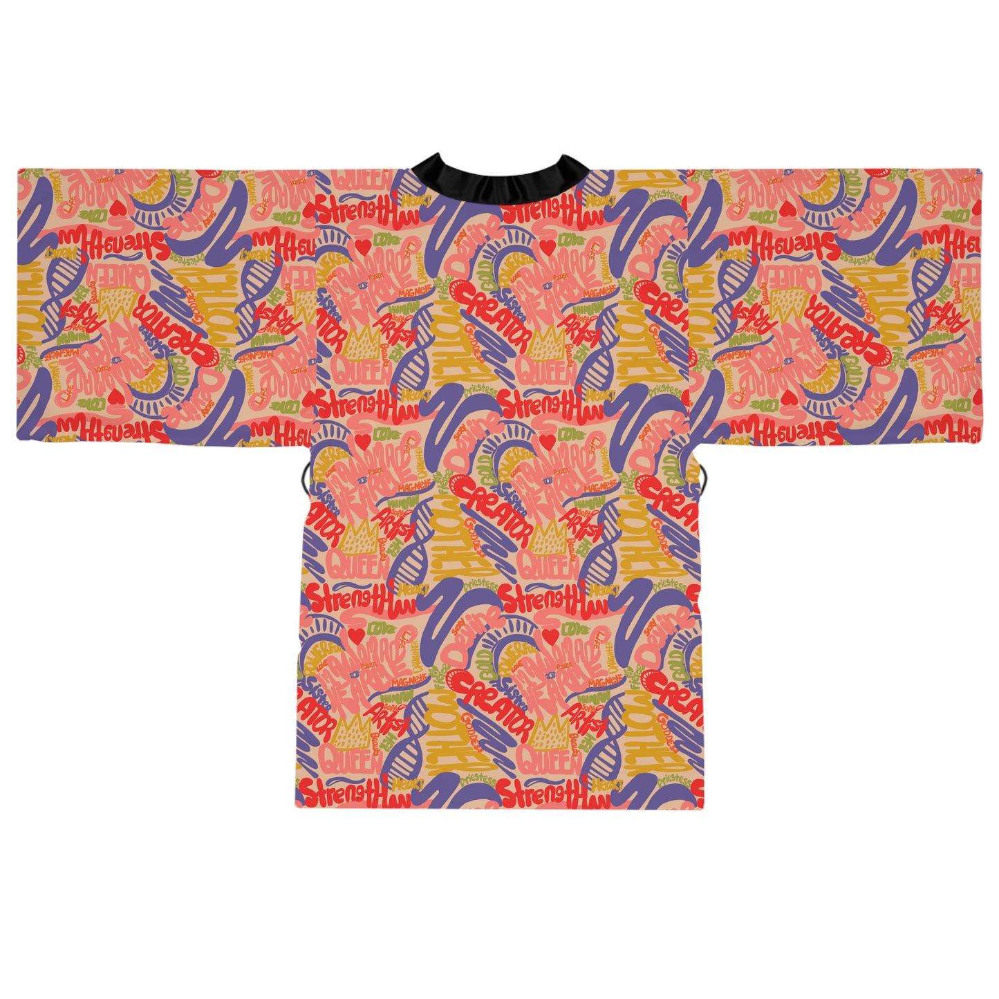 Back View statement kimono robe with no model with taupe ground and colorful artwork bold words with tie belt and bell sleeves, wearable art fashion