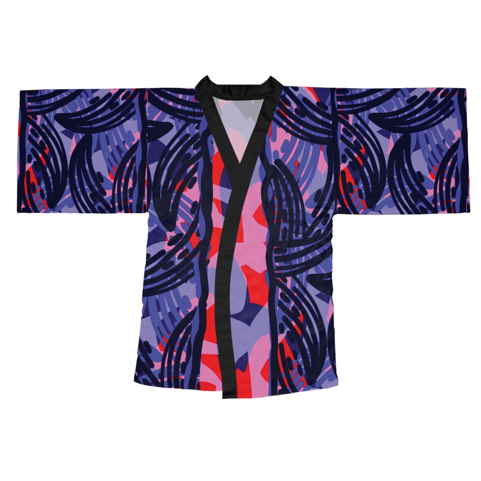 Front view of wearable art kimono without a model with blue and red abstract print.