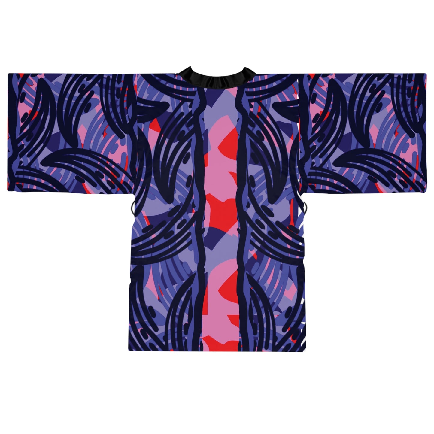 Back view of wearable art kimono without model with blue and red abstract print.