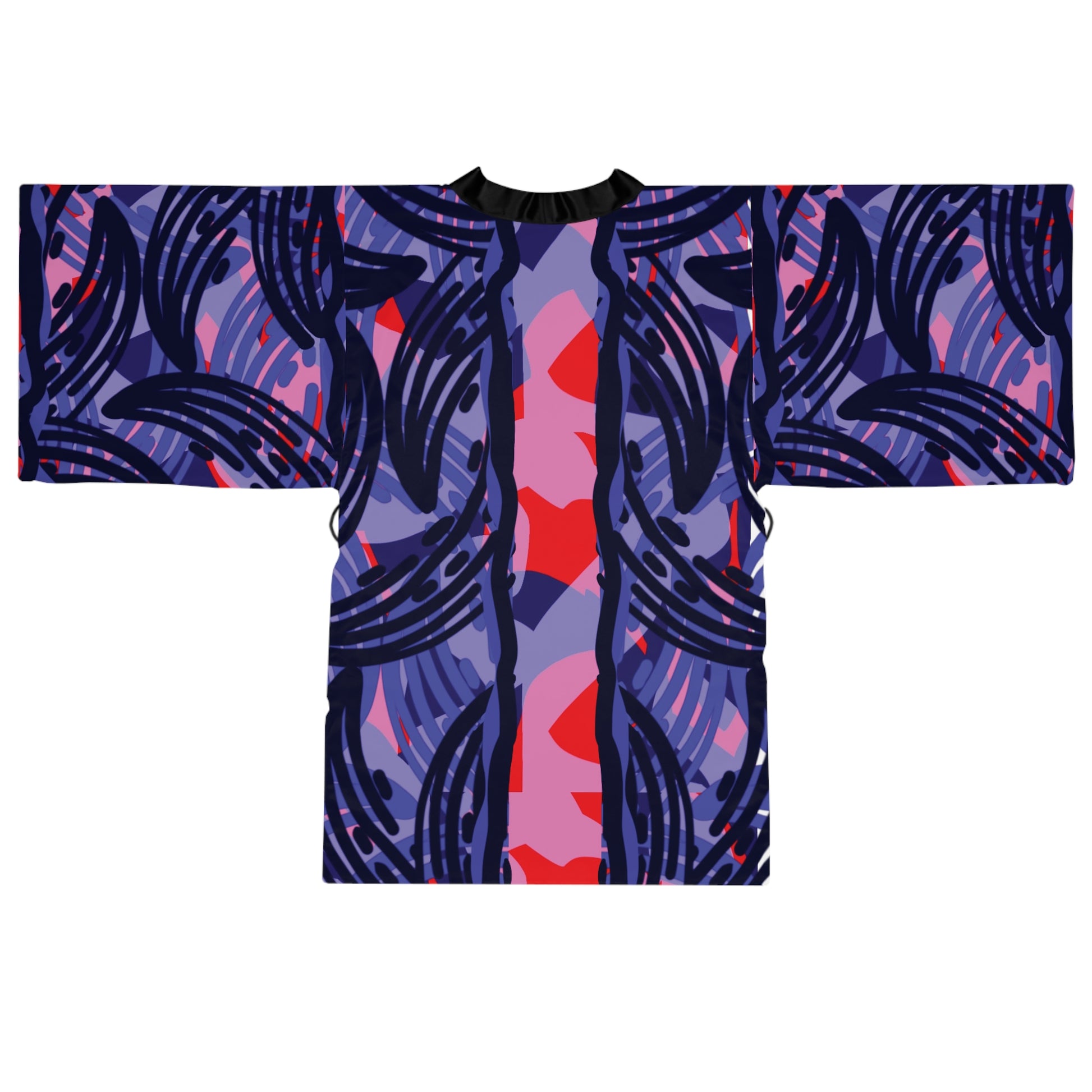 Back view of wearable art kimono without model with blue and red abstract print.
