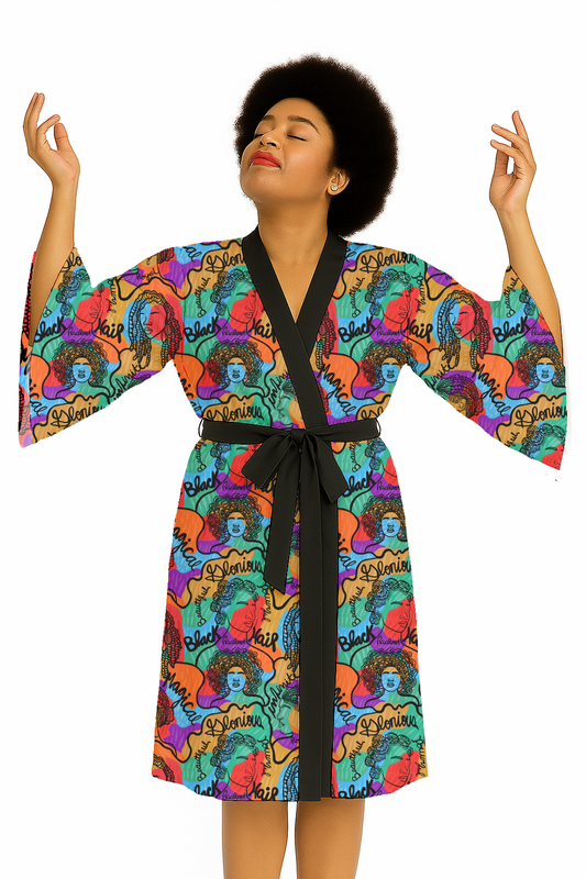 Technicolor Color Black Hair Kimono Robe