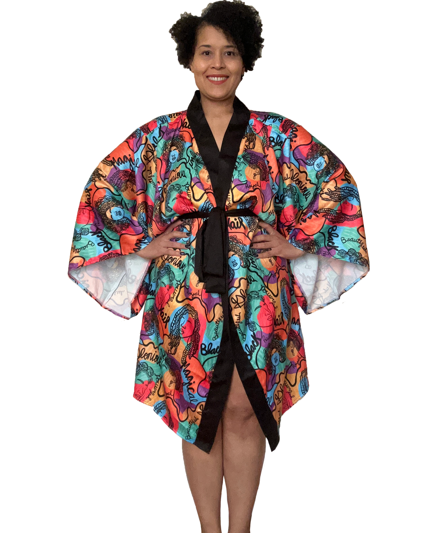 Technicolor Color Black Hair Long Kimono Robe