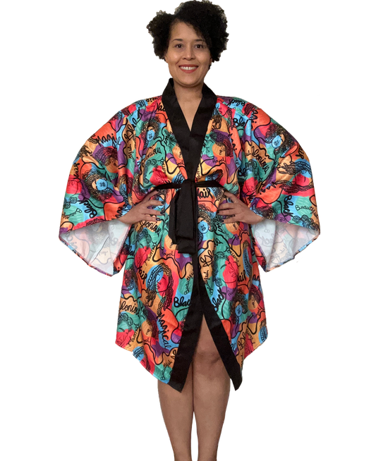 Technicolor Color Black Hair Long Kimono Robe