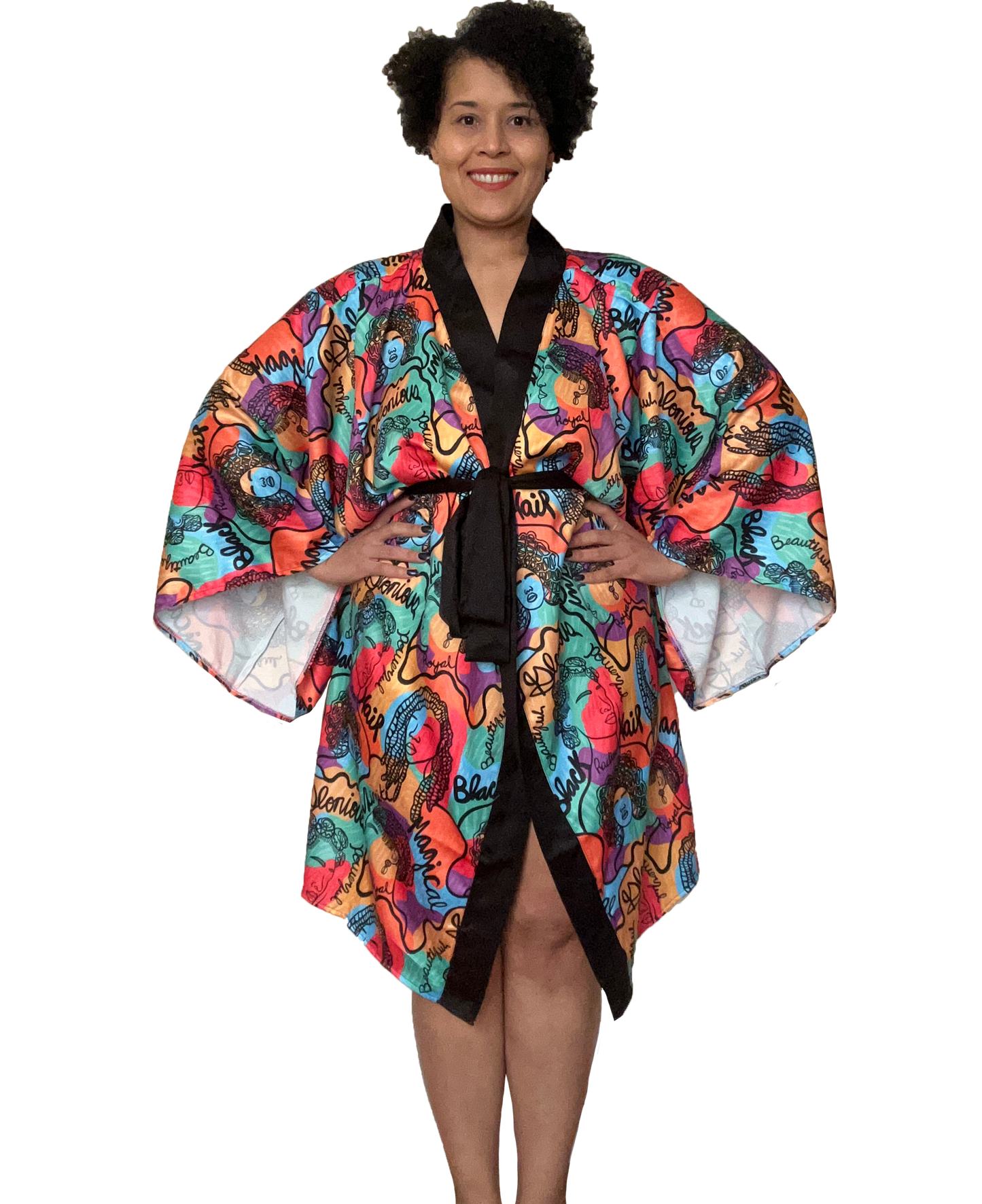 Technicolor Color Black Hair Kimono Robe Front