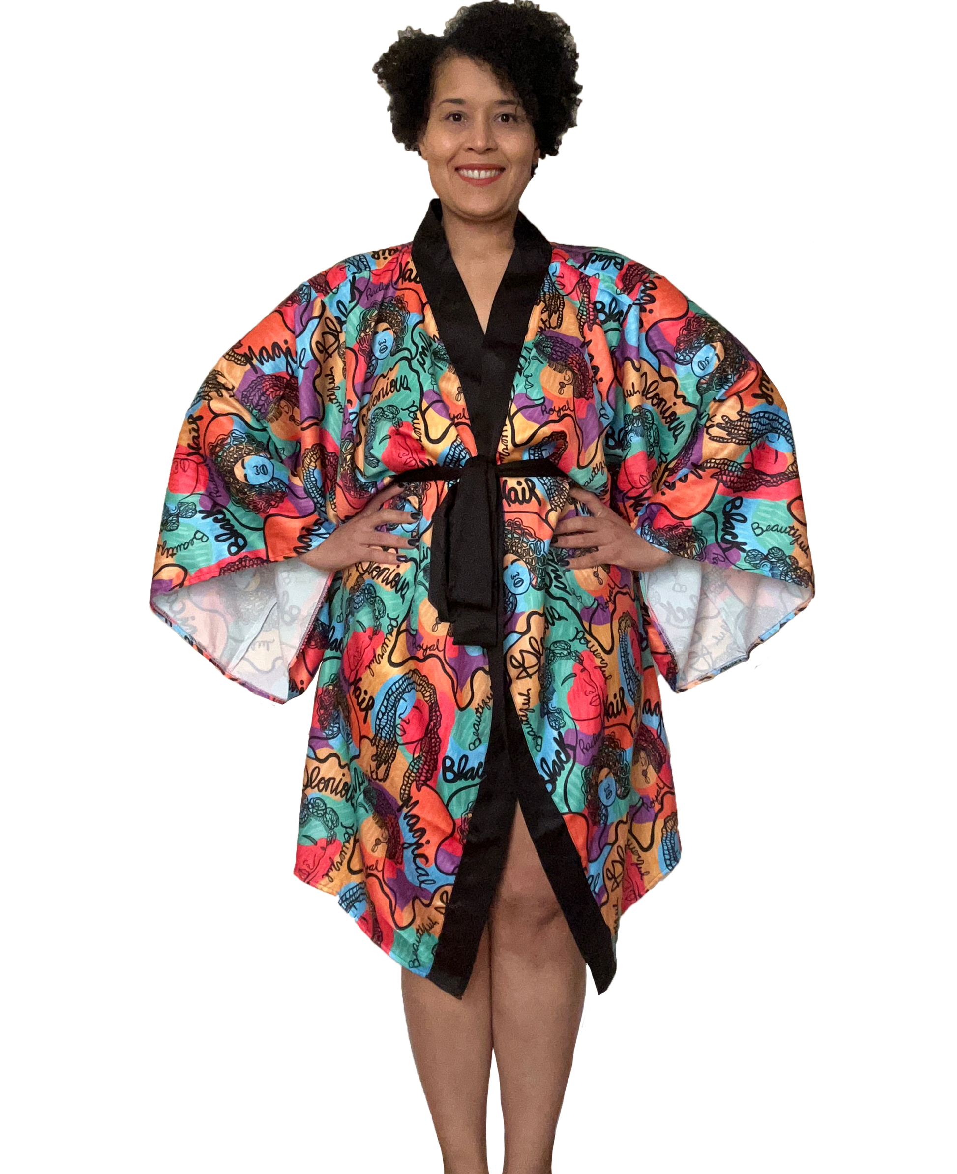 Technicolor Color Black Hair Kimono Robe Front