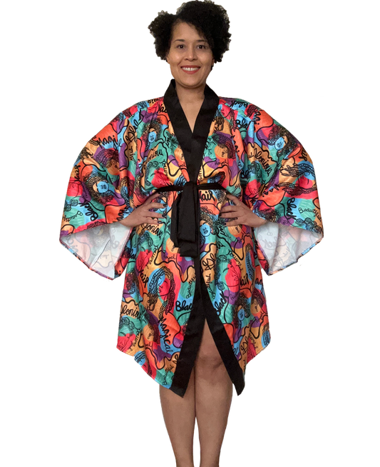 Technicolor Color Black Hair Kimono Robe Front