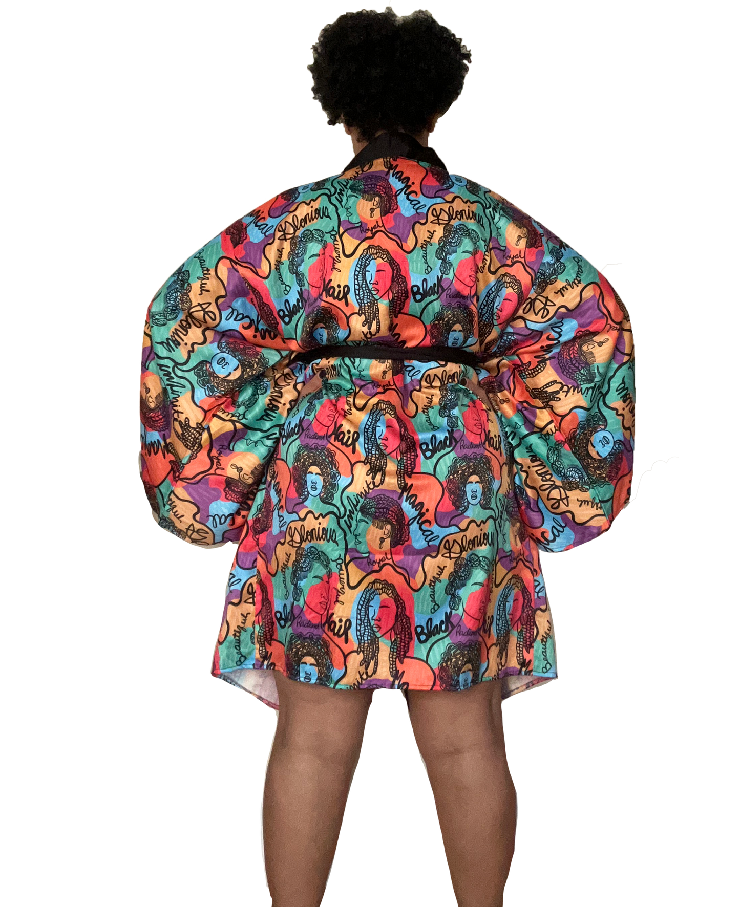 Technicolor Color Black Hair Kimono Robe Front