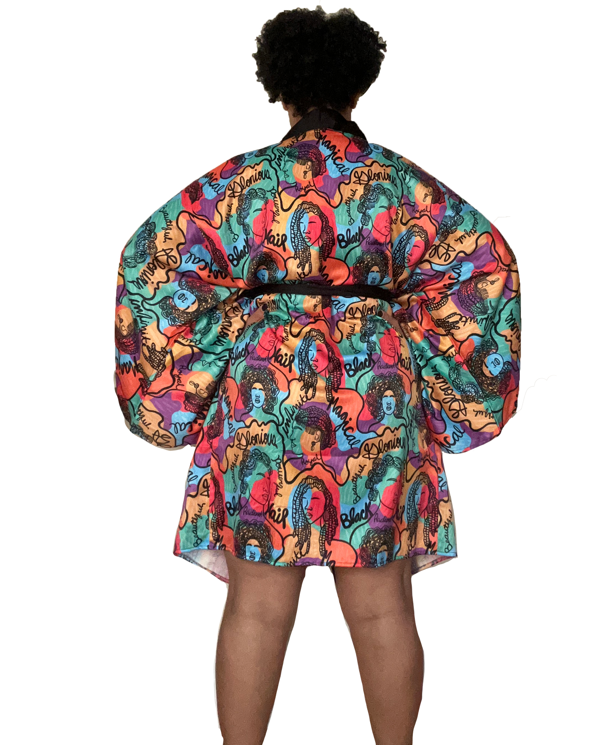 Technicolor Color Black Hair Kimono Robe Front