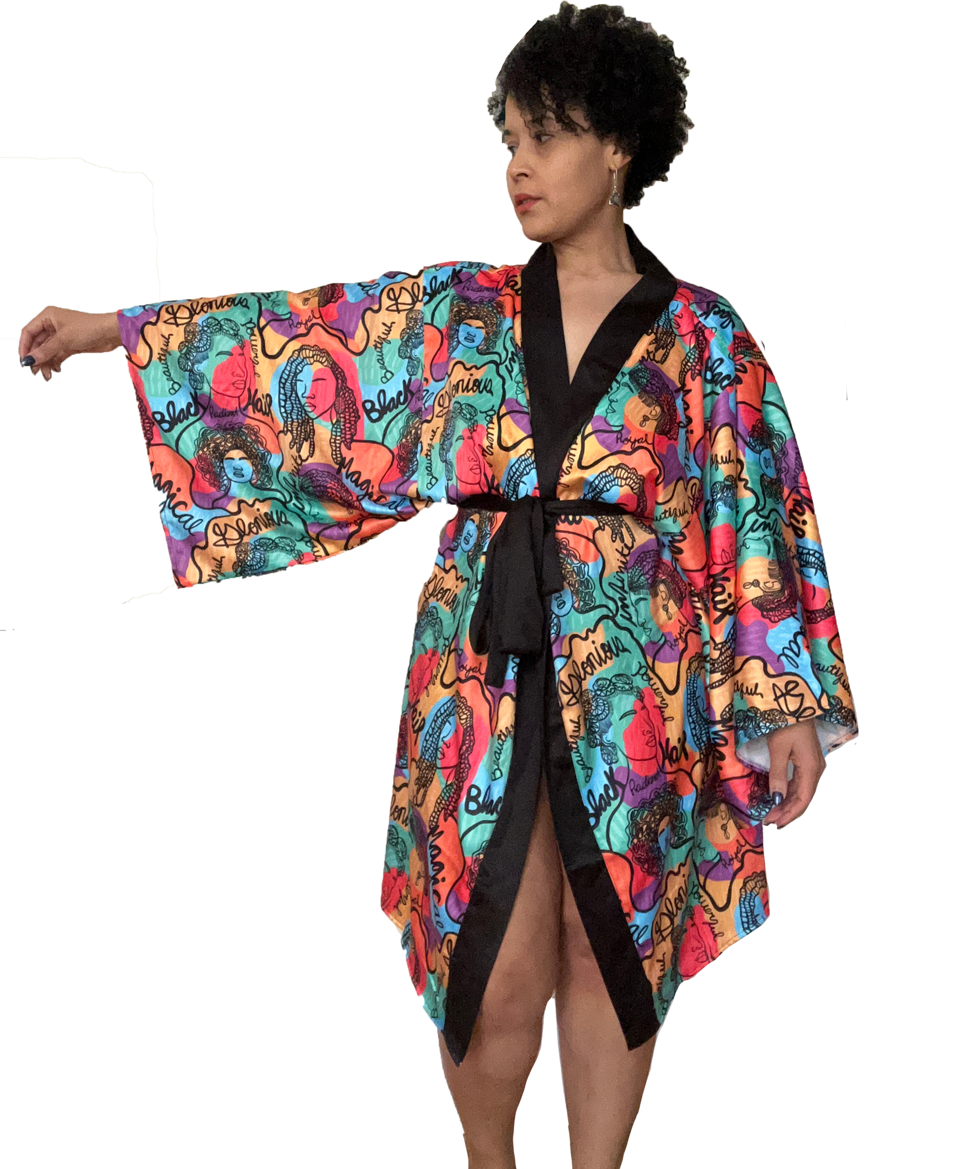 Technicolor Color Black Hair Kimono Robe Sleeve View