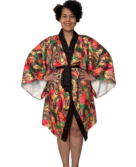 Traditional Black Hair Kimono Robe Front
