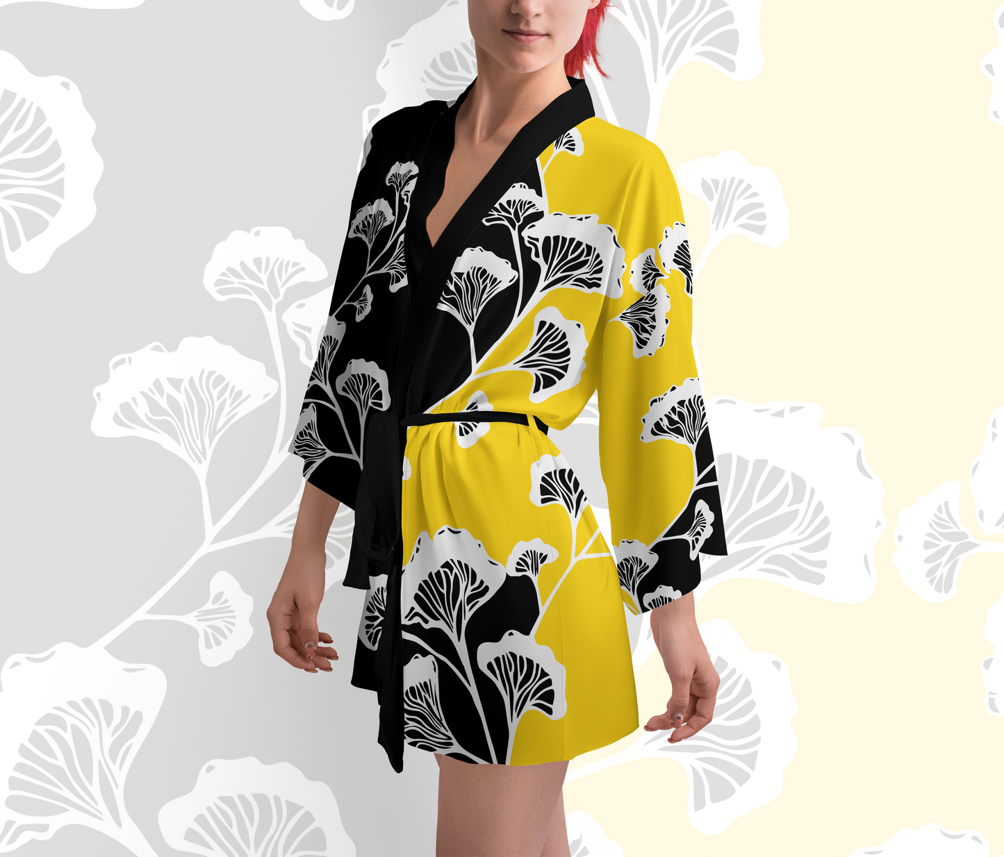 Sun Yellow Ginkgo Gurl Silk Kimono Robe