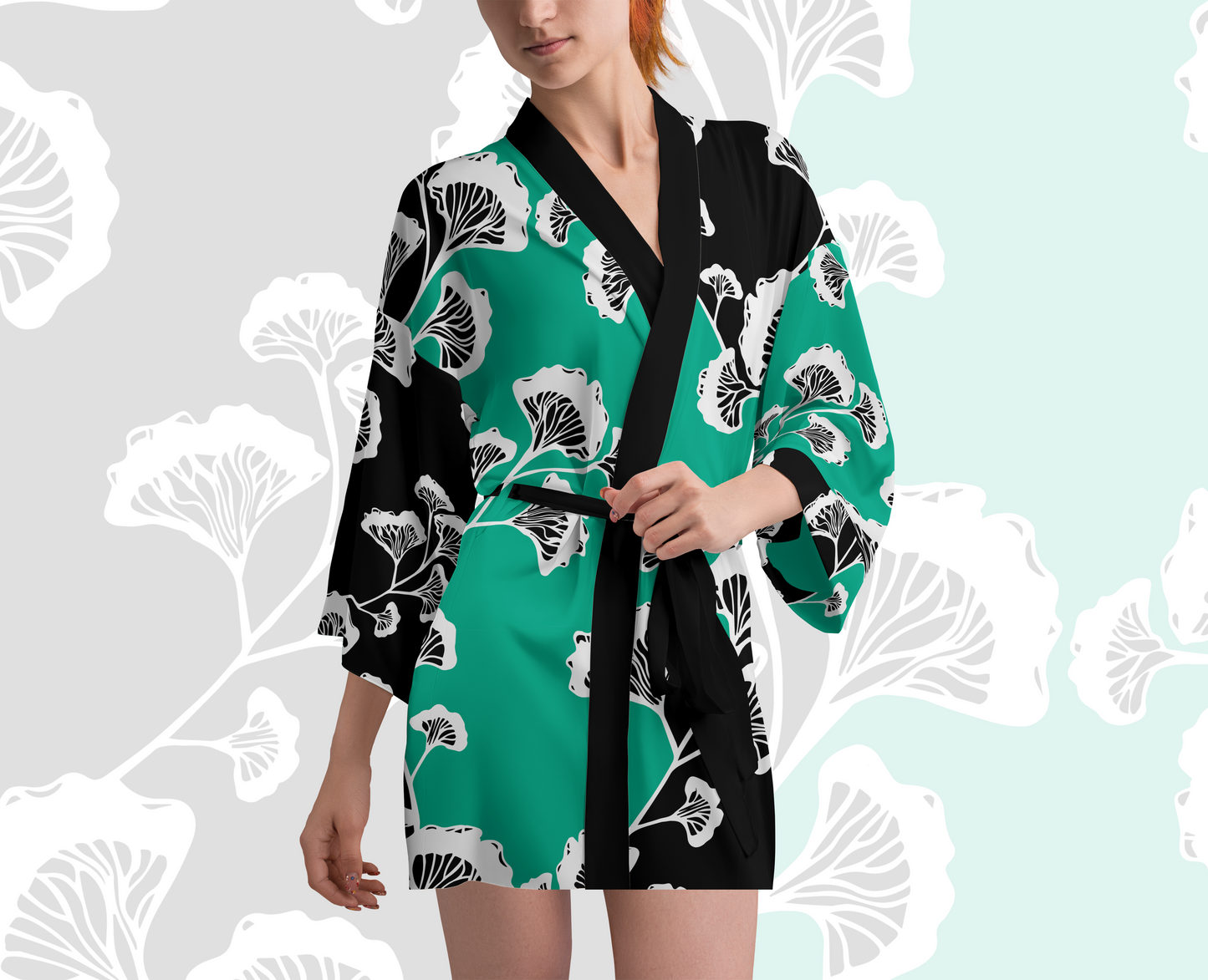 Jade Green Ginkgo Gurl Silk Kimono Robe