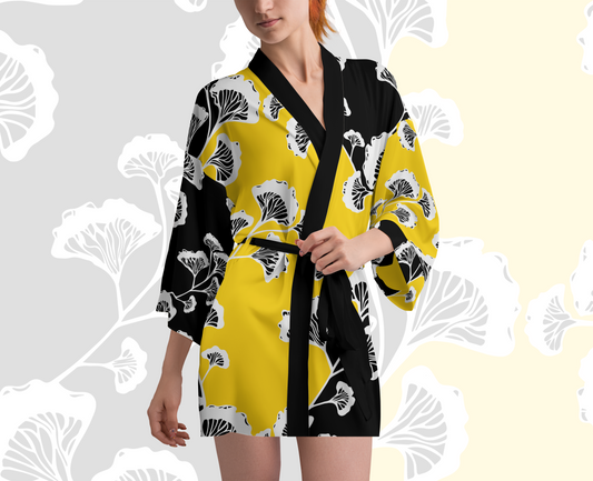 Sun Yellow Ginkgo Gurl Silk Kimono Robe 