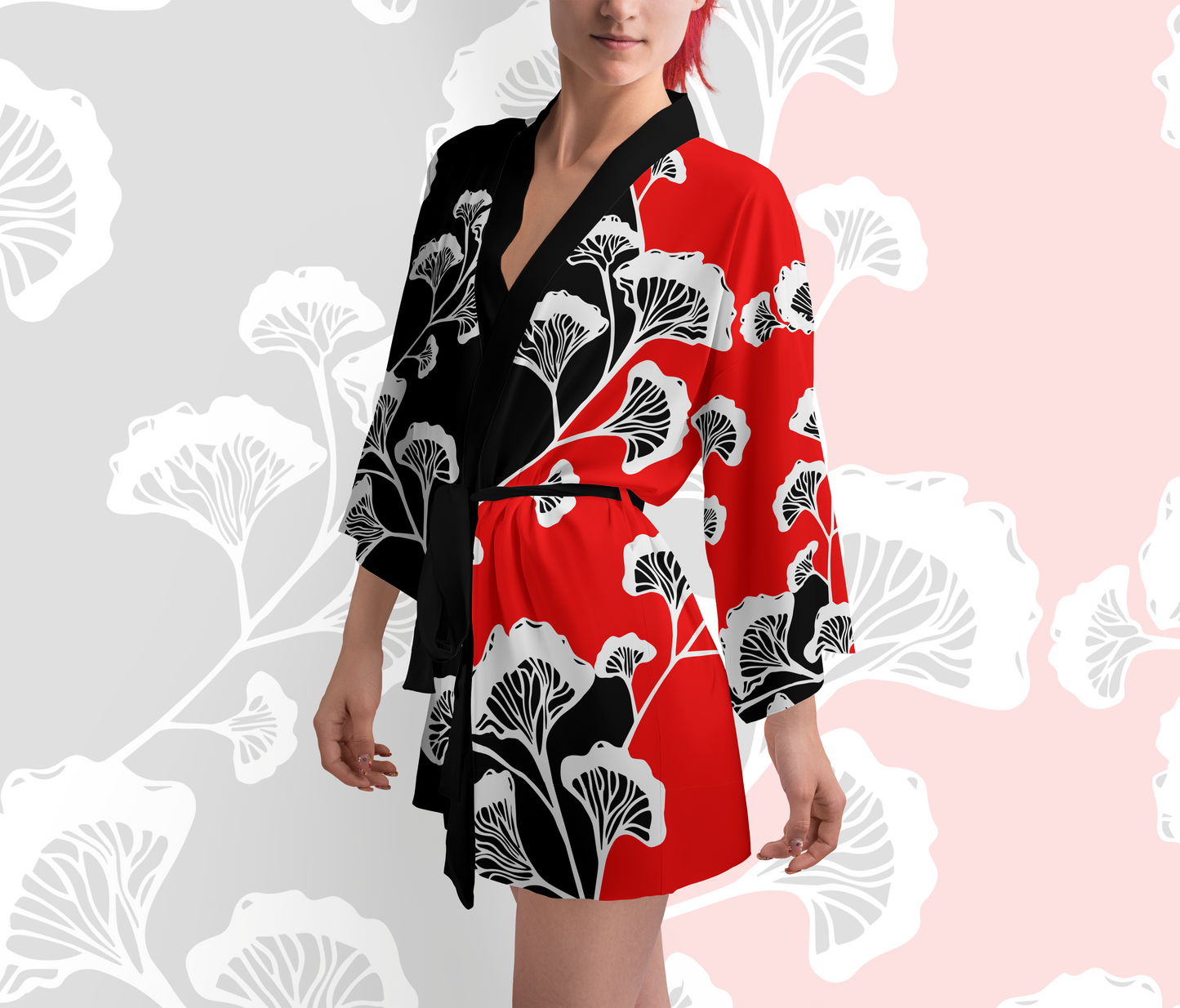 Rich Red Ginkgo Gurl Silk Kimono Robe