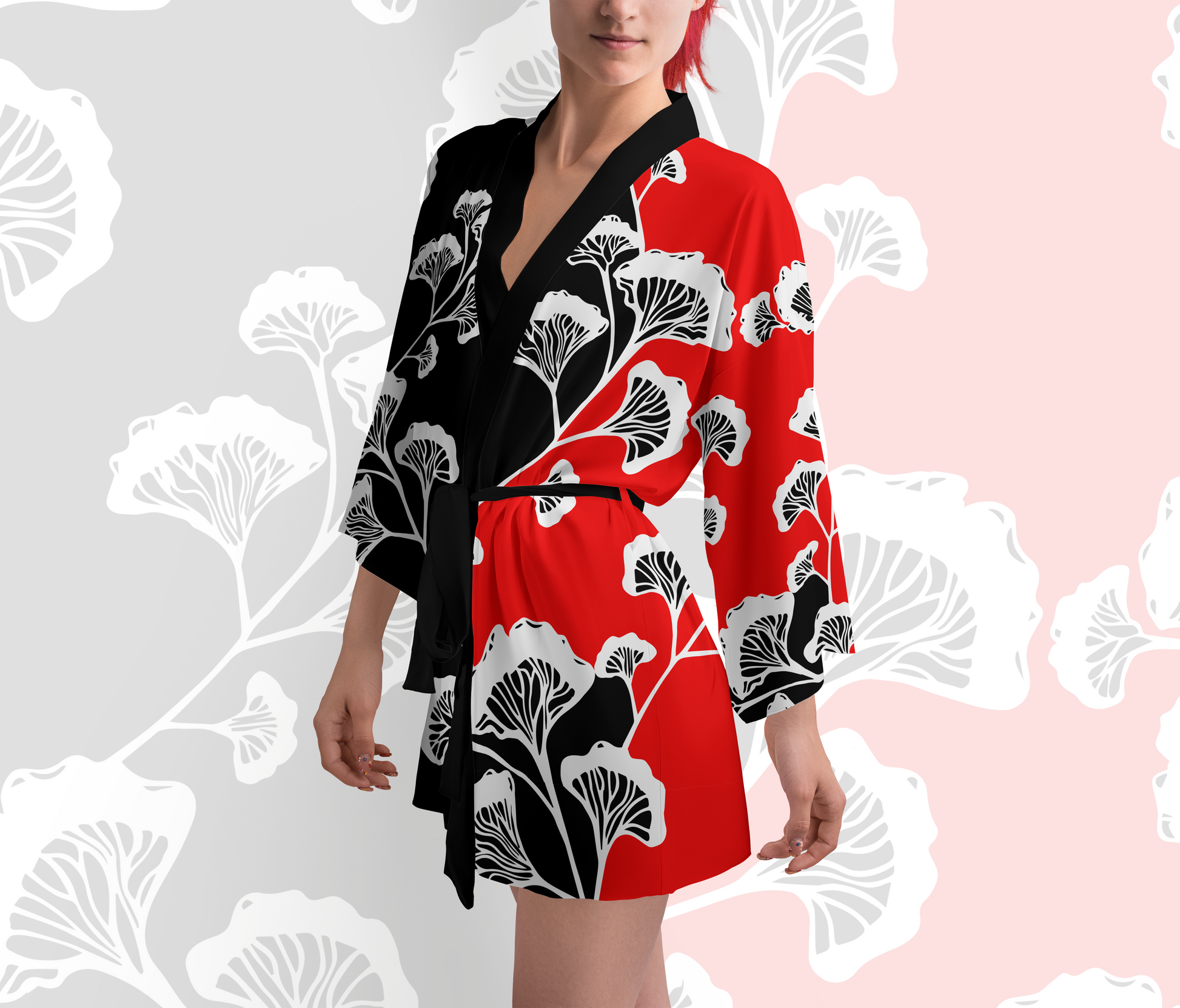 Rich Red Ginkgo Gurl Silk Kimono Robe Quater View