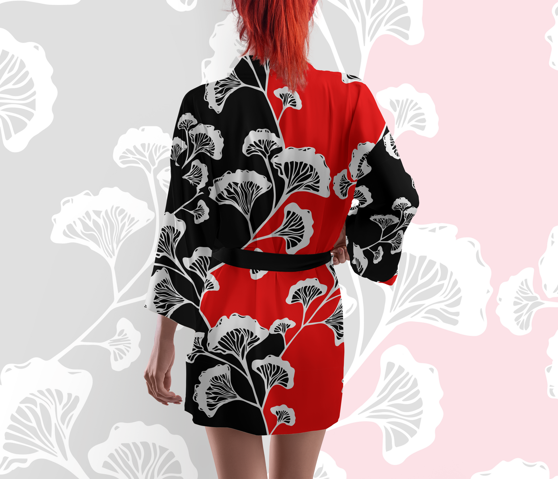 Rich Red Ginkgo Gurl Silk Kimono Robe Back View