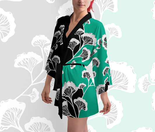 Jade Green Ginkgo Gurl Silk Kimono Robe