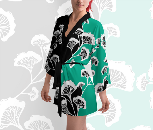 Jade Green Ginkgo Gurl Silk Kimono Robe Quarter View