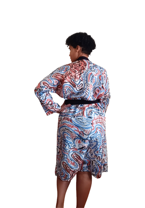 Graffiti Water Silk Peignoir Robe Back View