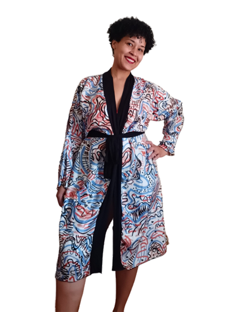 Graffiti Water Silk Peignoir Robe Front