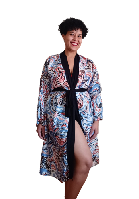 Graffiti Water Silk Peignoir Robe Front View
